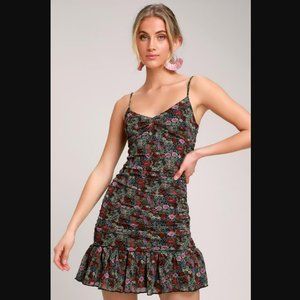 Lulus Green and Pink Floral Print Ruched Mini Dress